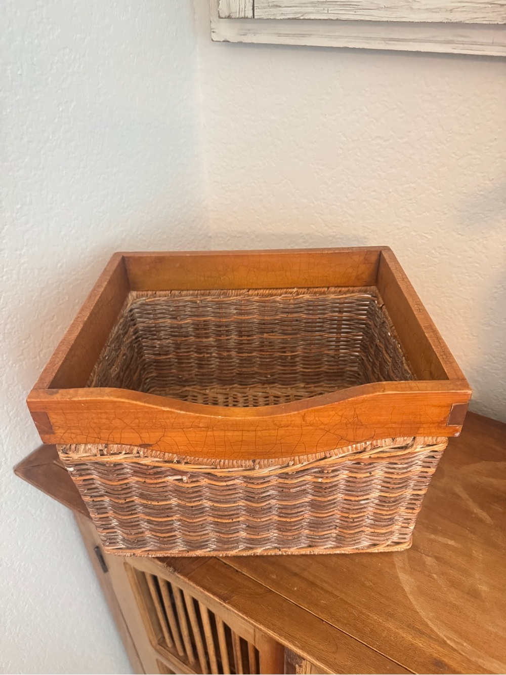 Rustic Woven Basket with Wooden Frame 11"x9"x7.5" Vintage Charm for Home - Picture 5 of 14